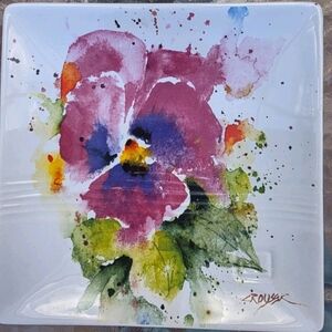 Dean Crouser Pansy Watercolor  Floral Snack 7" Square Plate Signed 2016